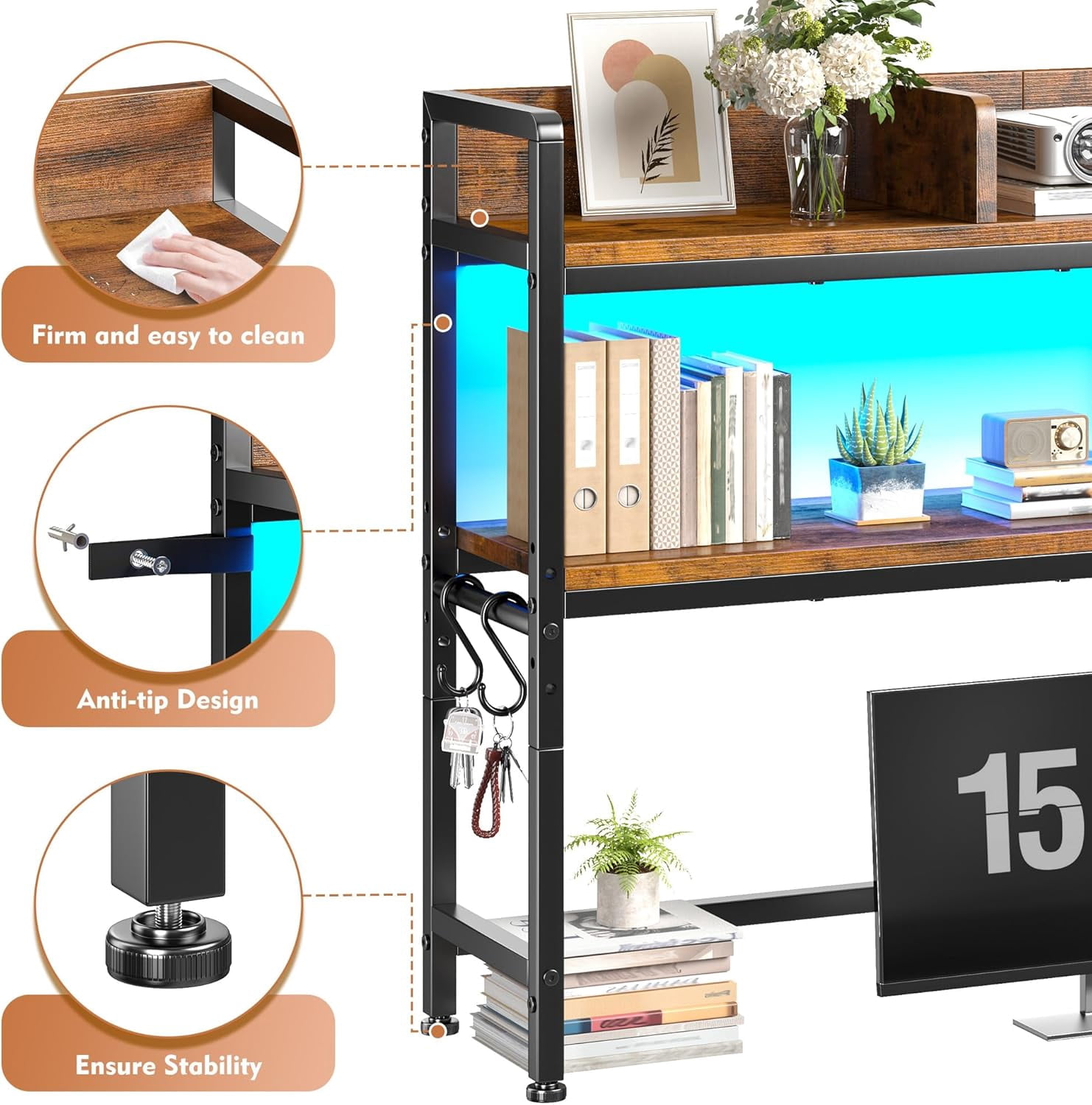 ZYPPP 45.2" Desk Shelf，2-Tier Adjustable Multipurpose Solid Wood Desktop Hutch Shelf，Countertop Storage Organizer Rack with 3 Desktop Display Rack for Dorm,Office Home,Rustic Brown