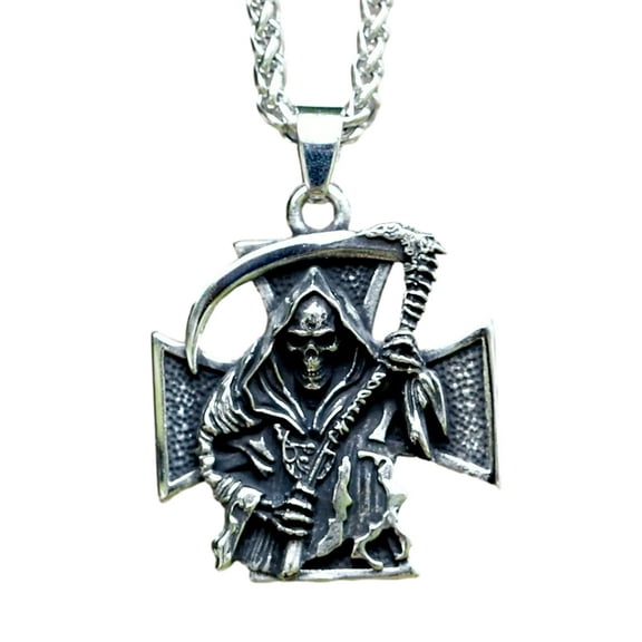 ZMY Home Stainless Steel Necklace - Grim Reaper Pendant with Scythe and Iron Cross - Stylish Jewelry for Men and Women