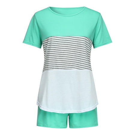 

STEADY Women s Striped Short Pajamas Set Contrast Color Short Sleeve Sleepwear Sets