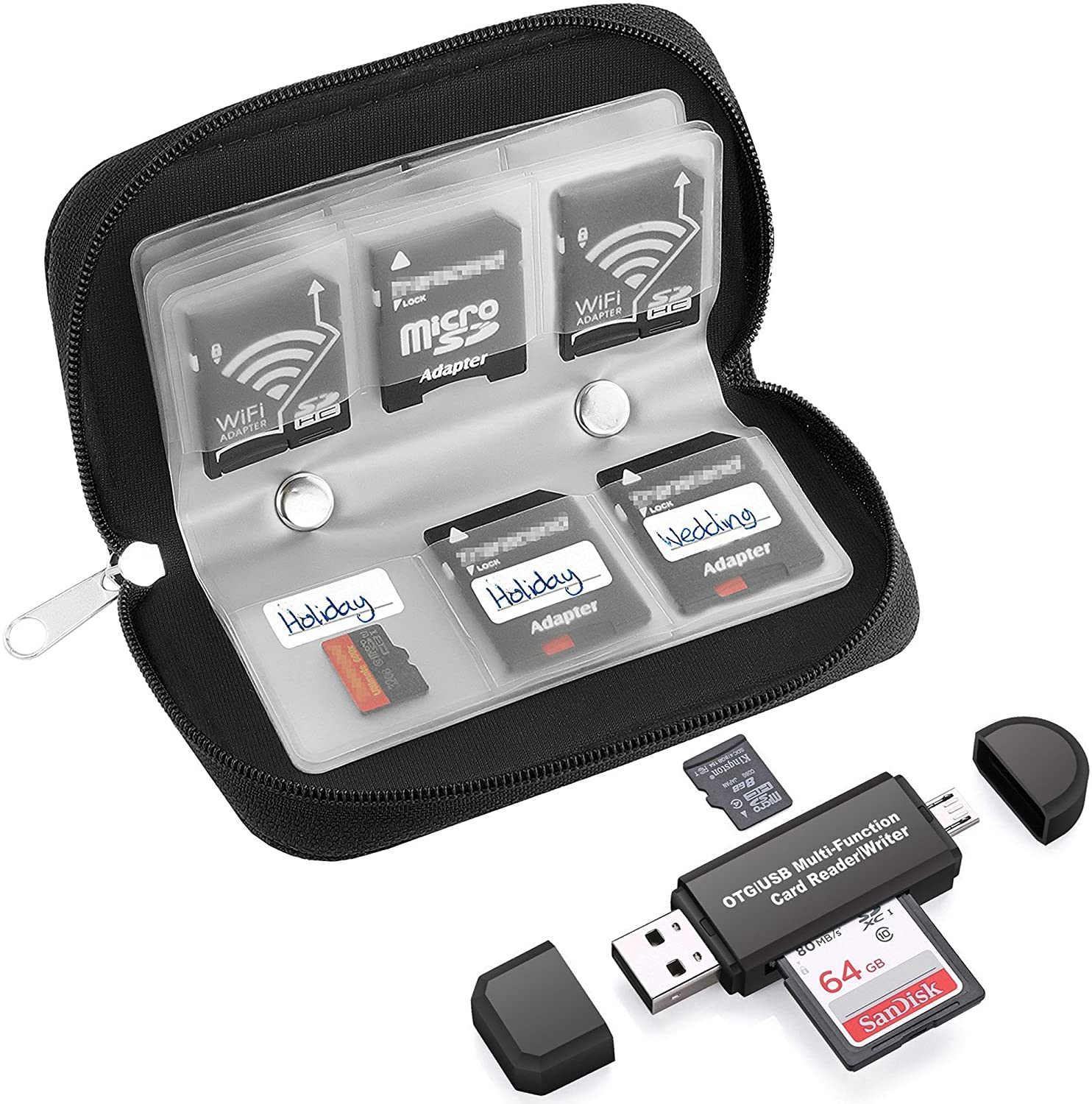 22 Slots Memory Card Case with SD Card Reader to OTG USB for Micro