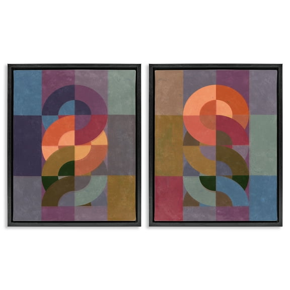 Stupell Industries Linked Circles Patterns Abstract Painting Black Floater Framed Canvas Art Print Wall Art, 17 x 21, Set of 2