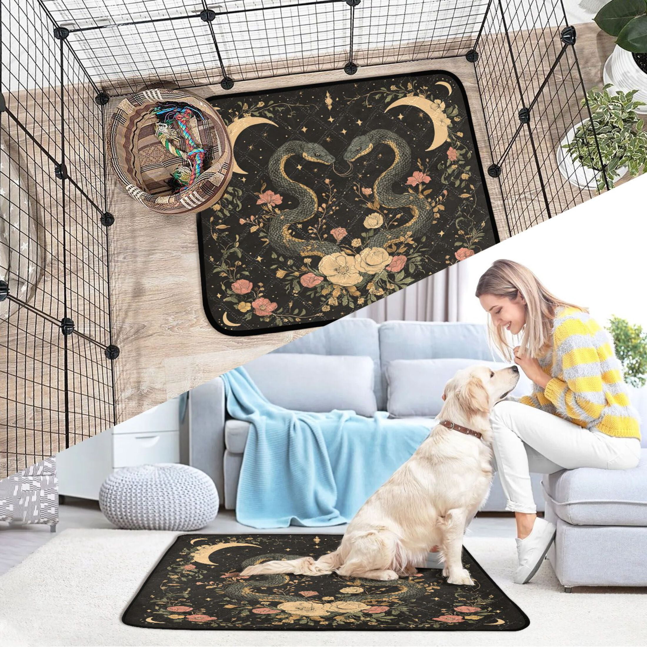 Qxltty Snakes Entwining Vines Cat litter Pads Pet Set of 2 Diaper Mats Center Anti-leakage Layer Absorbent Soft and Comfortable