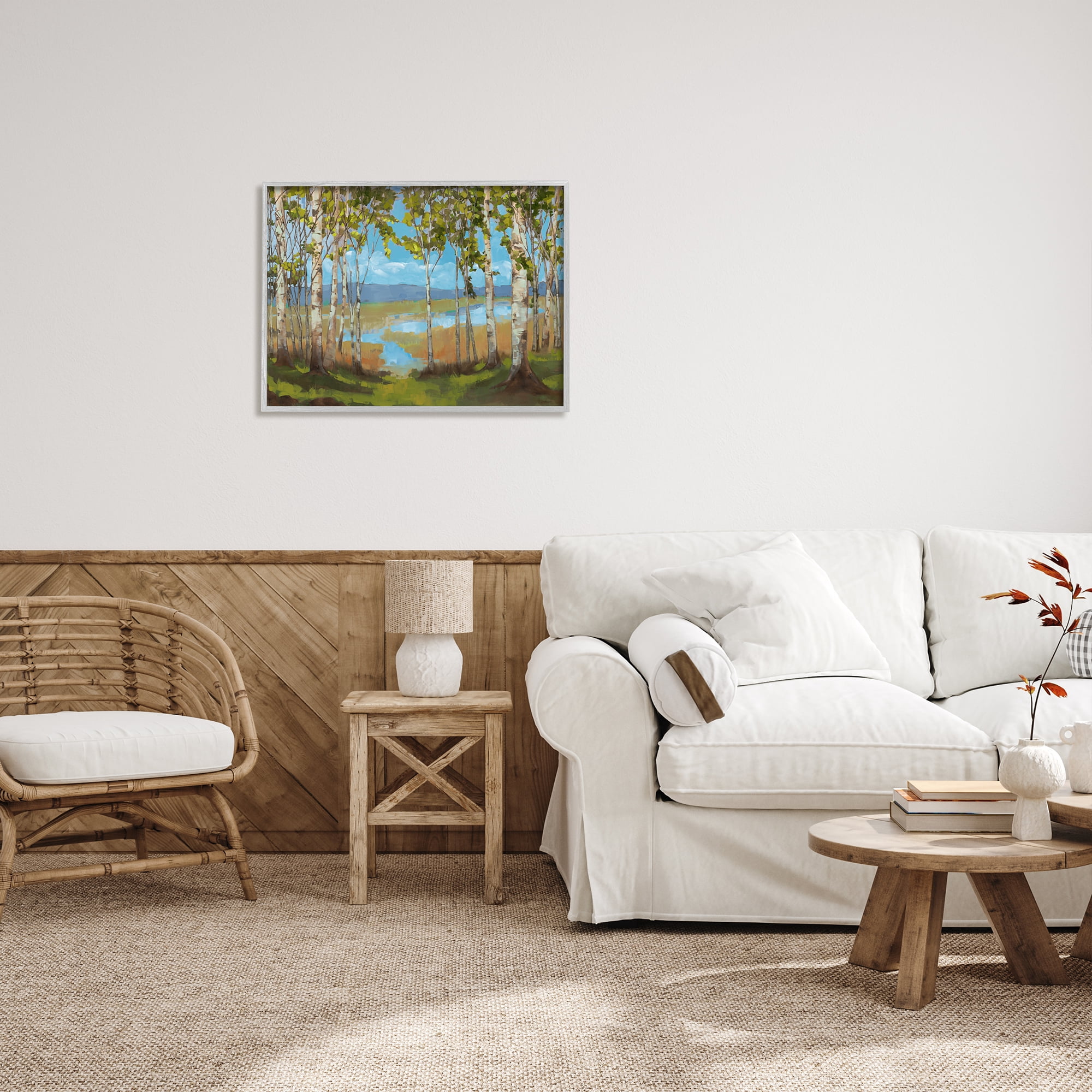 Stupell Industries Lake & Birch Tree Landscape Nature Painting Gray Framed Art Print Wall Art, 30 x 24