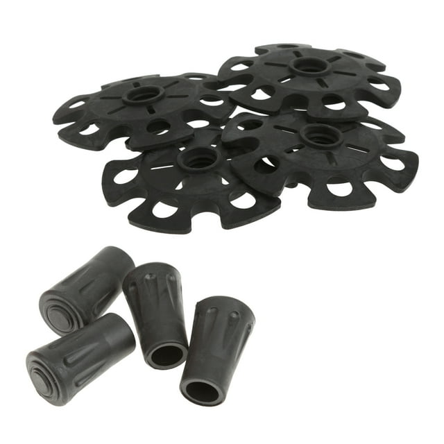 DYNWAVECA 4 Set Rubber Snowflake Snow Basket + Trekking Poles Cap Walking Stick Tips Mountaineering Device Black