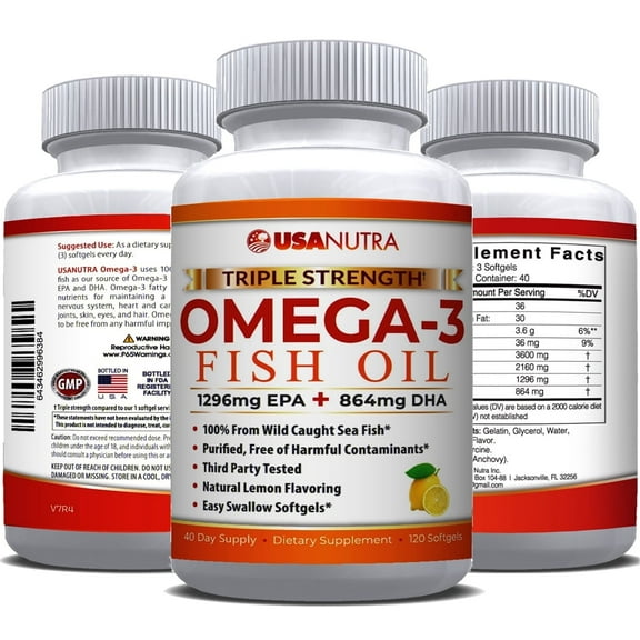 USANUTRA Omega 3 Fish Oil 3600mg Triple Strength Wild Caught Icelandic Anchovy Fish Oil.  120 Easy Swallow Softgels, 40 Day Supply