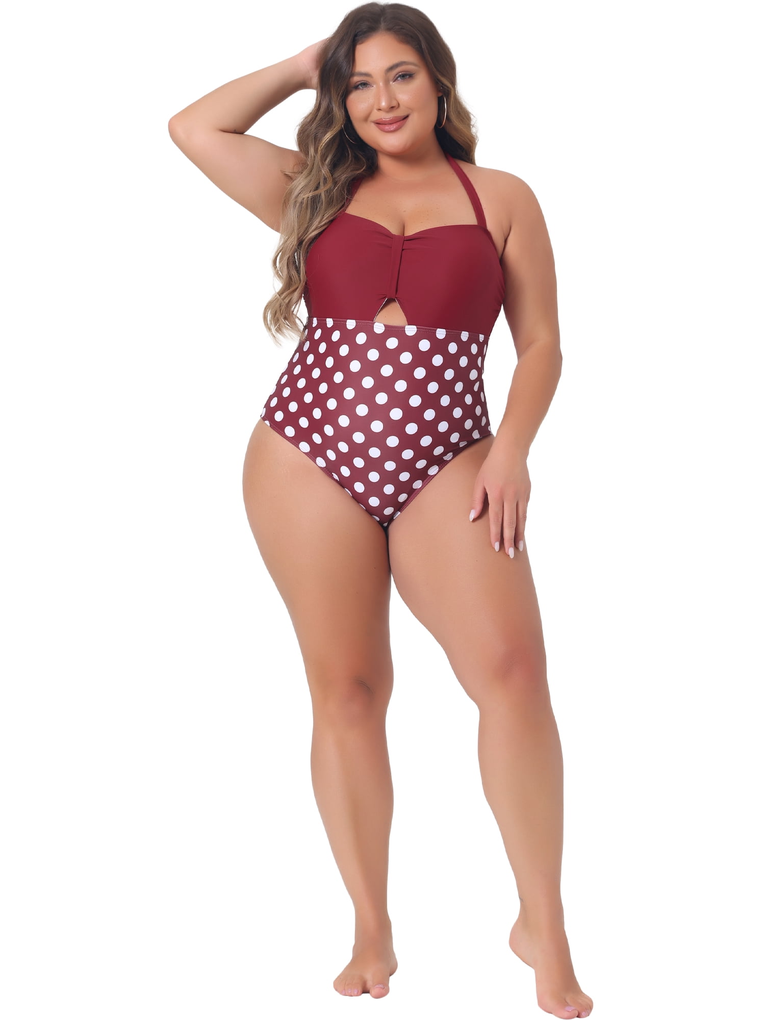 Unique Bargains Women's Plus Tummy Control Bathing Suit Cutout Swimwear L Red
