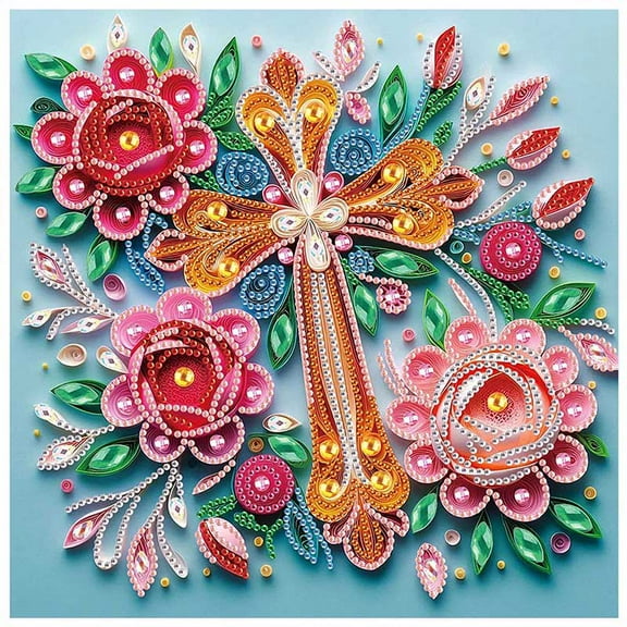 5D DIY Diamond Painting Kit Religious Cross and Floral Motif Creative Handicraft for Home Wall Decor, Birthday or Christmas Gift