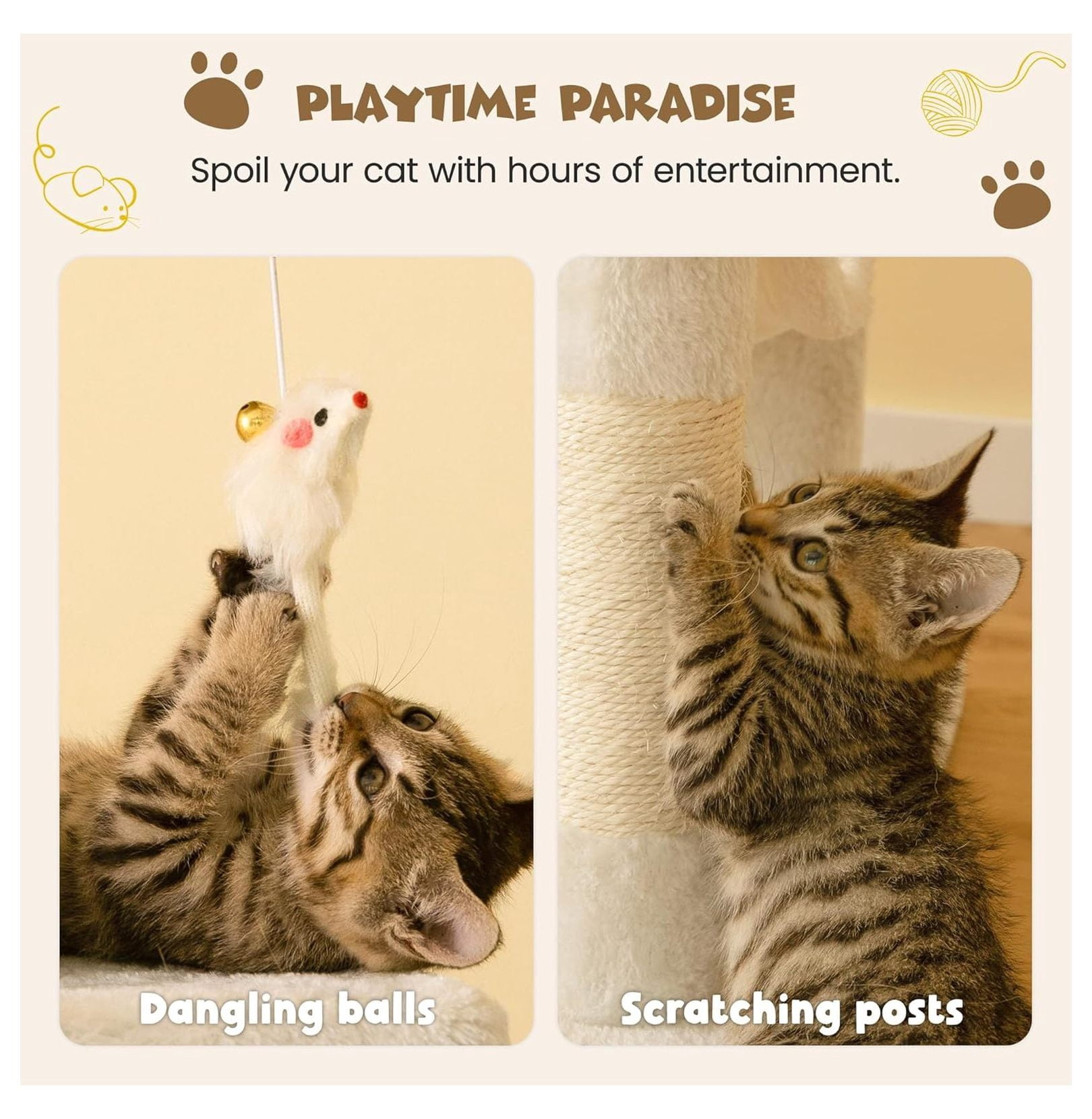 Cat Tree 63.8 inches, Multi-Level Tower for Large Cats, Sisal Scratching Posts, Hammock & Condo, Stable Pet Play House - Beige
