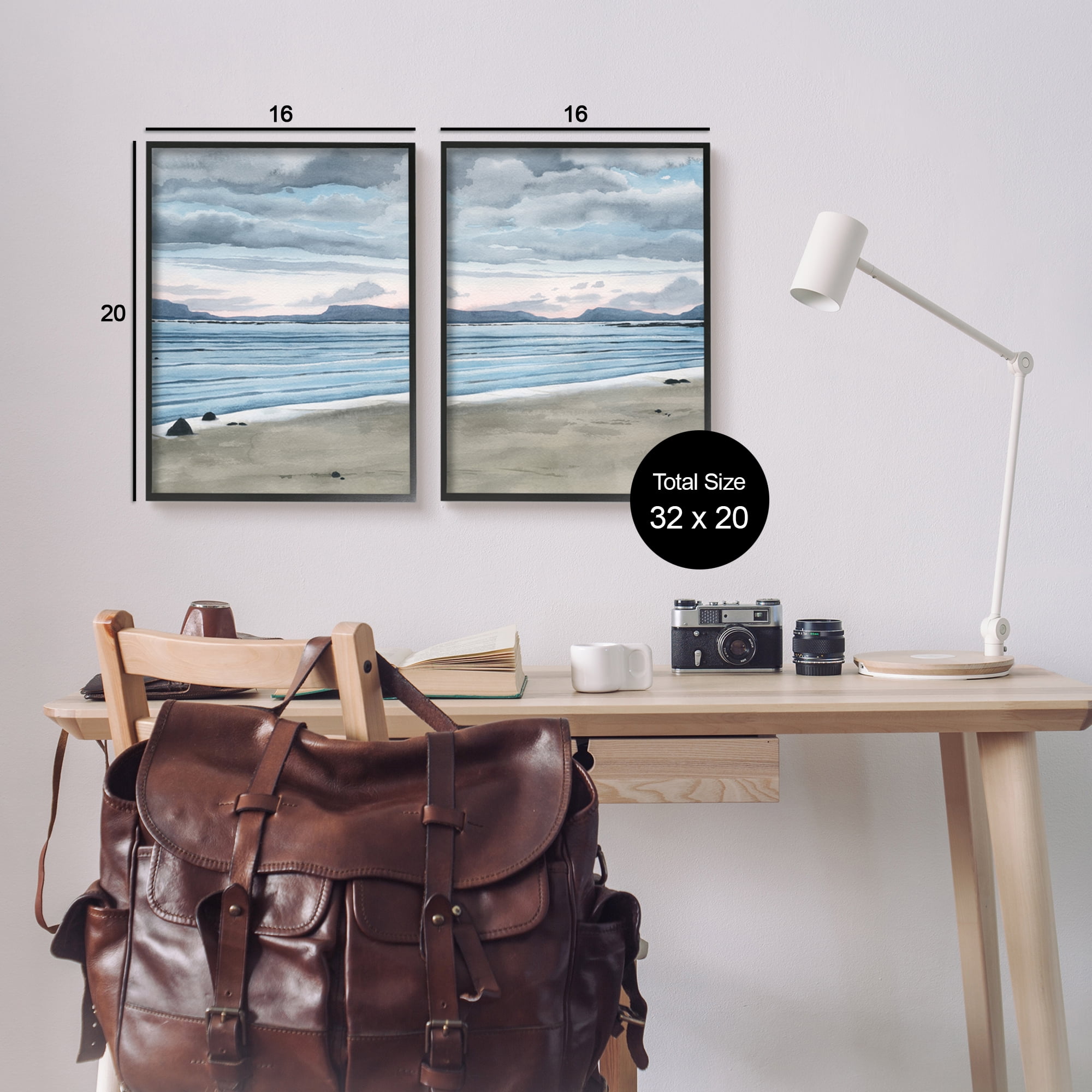 Stupell Cloudy Summer Beach Shore Watercolor Landscape Painting Black Framed Art Print Wall Art, Set of 2