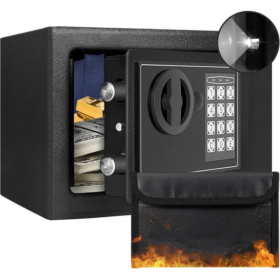 Money Safe Box for Home with Sensor Light & Fireproof Money Bag - Security Safe Box with Digital Keypad, Keys & Pass Code Lock, Black