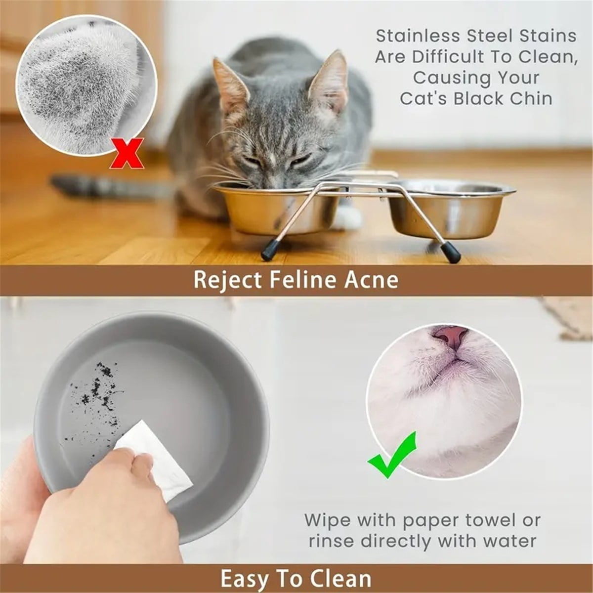 Ceramic Dog and Cat Bowl with Wood Stand Non-Slip Matte Glaze Weighted Food Water Set for Cats &Small Dogs 13.5OZ