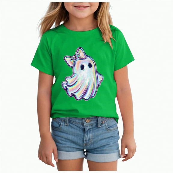 mgoYE Girl T-Shirts Halloween T-Shirts for Toddler Girls Short Sleeve Crew Neck Flower Ghost Pumpkin Tees Tops(Green,5-6 Years)