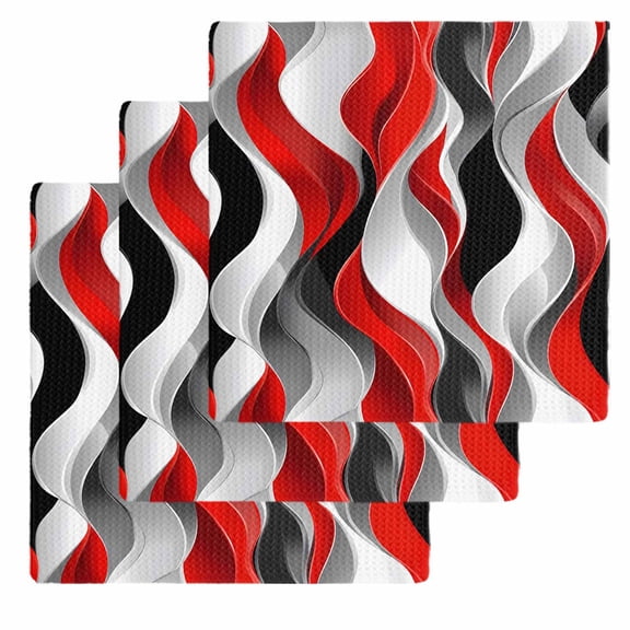 Red Black Grey Kitchen Dish Towels for Drying Dishes Set of 3, Moire Modern Artwork Abstract Waffle Weave Microfiber Hand Tea Bathroom Towels Quick Dry & Absorbent Towel 12x12