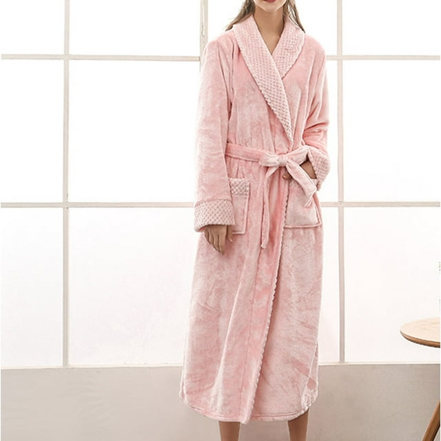 CFLVAEK Fleece Robes for Women Soft Long Bathrobes with Pockets Plus Size Warm Winter Robe Solid Color Fuzzy Plush Spa Robes with Belt Pink M