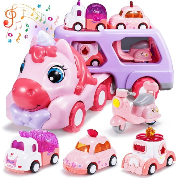 BTEPSGA Toys for 1 2 3 Year Old Girls, Gifts for 1 2 Year Old Girls 5 in 1 Girl Cars for Toddlers 1-3 Unicorn Toy Little Girl Toys Age 2-3 Birthday Gifts for Kids Pink Truck