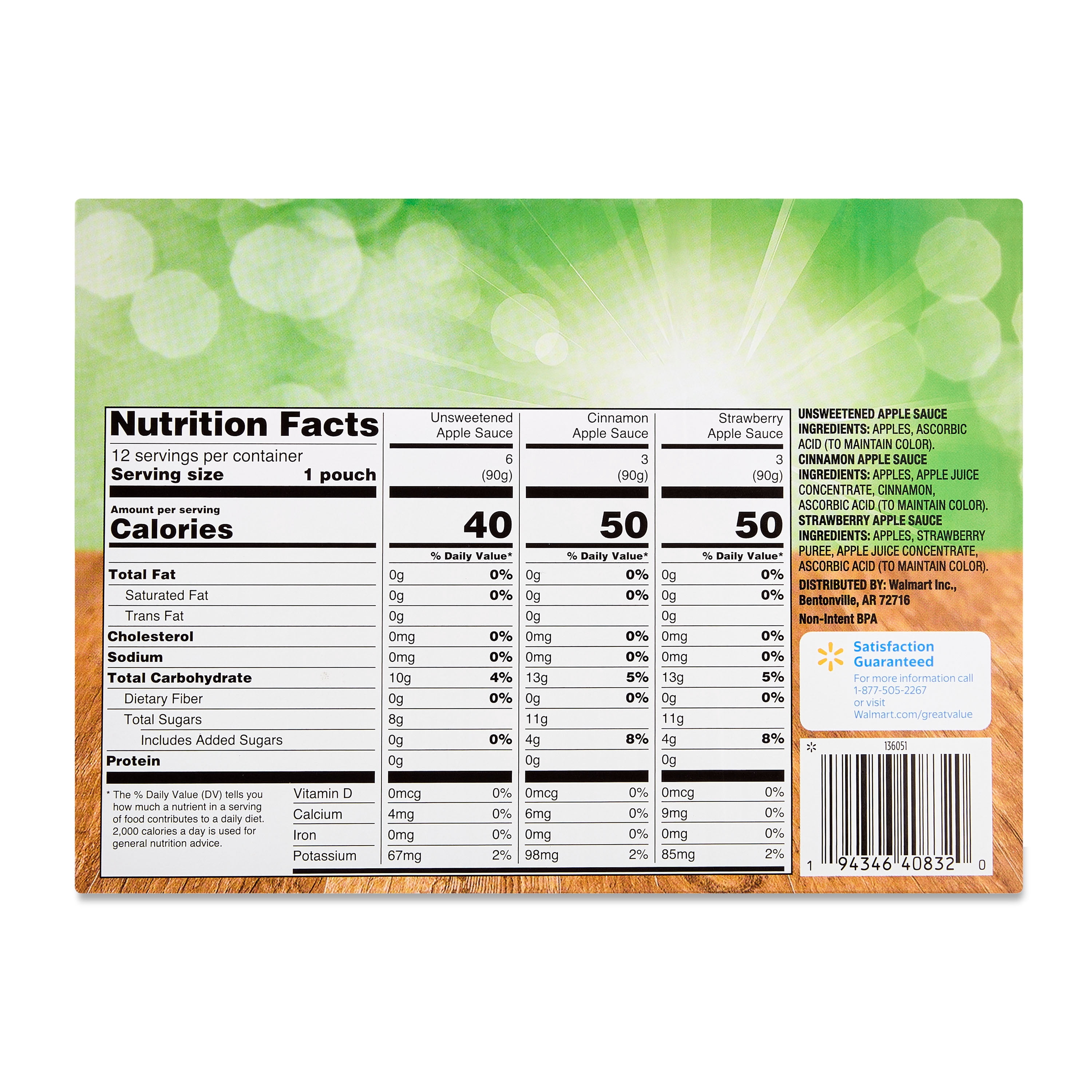 Great Value Apple Sauce Variety Pack, 38.4 oz, 12 Pouches