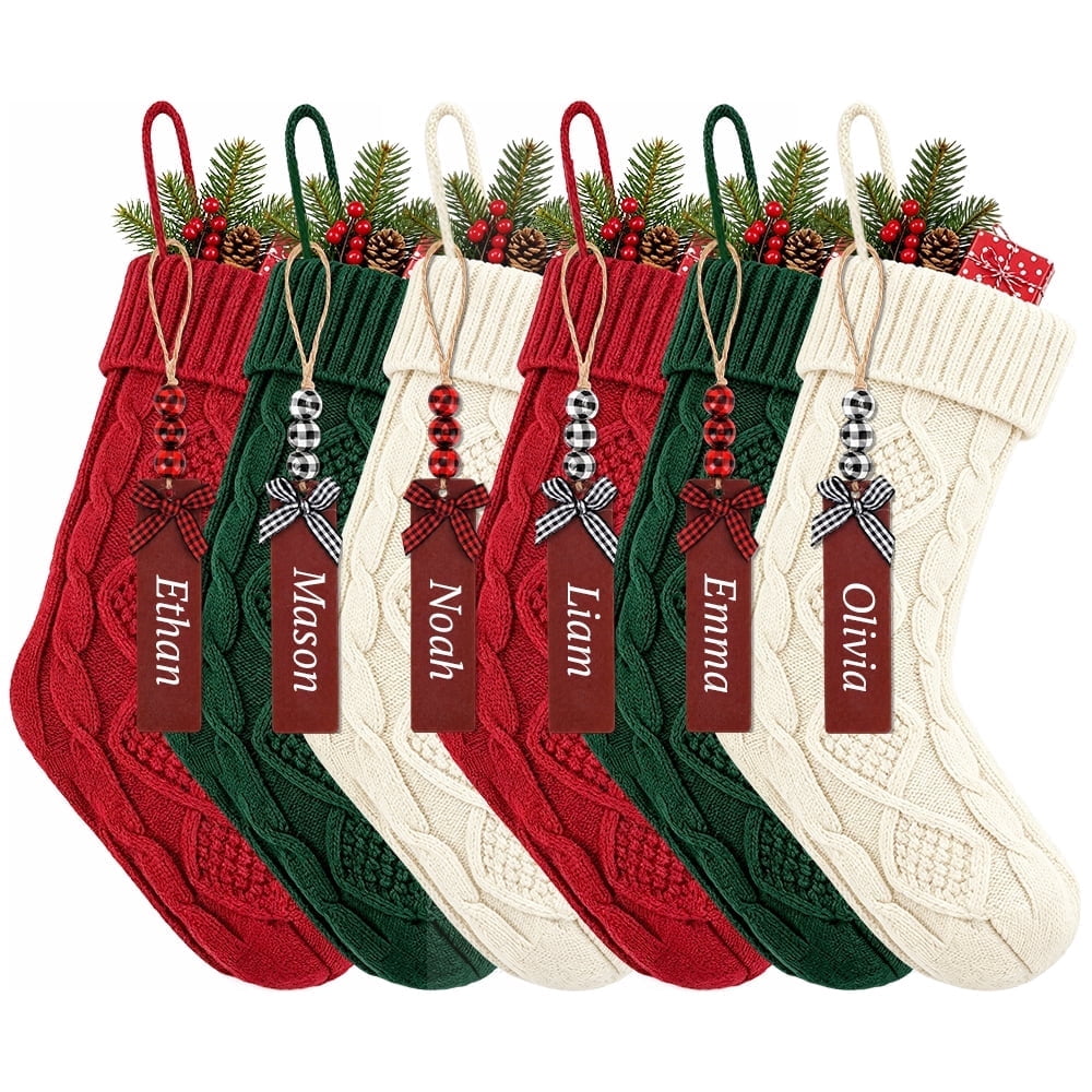 Movsou 6PACK 18Inch Knitted Personalized Christmas Stockings ,Stockings with Name Tags for Christmas Tree, and Family Home Décor (Red, White, Green)