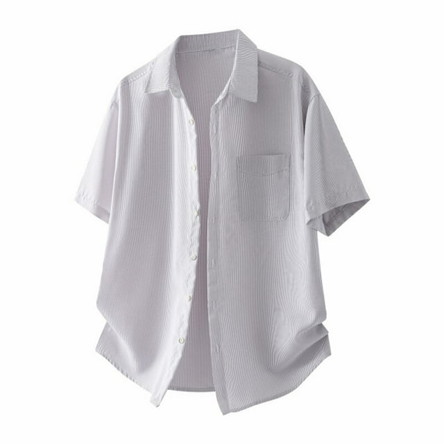 Blusa y camisa de manga corta con cuello vuelto para hombre, informal, de verano, a rayas, de manga corta, con bolsillo de solapa, fina, de poliéster