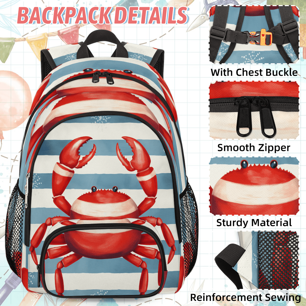 Herdesigns Crab Large Backpack Set with Lunch Box Lightweight Water Resistant Travel Laptop Backpacks Casual Daypacks for Women Men