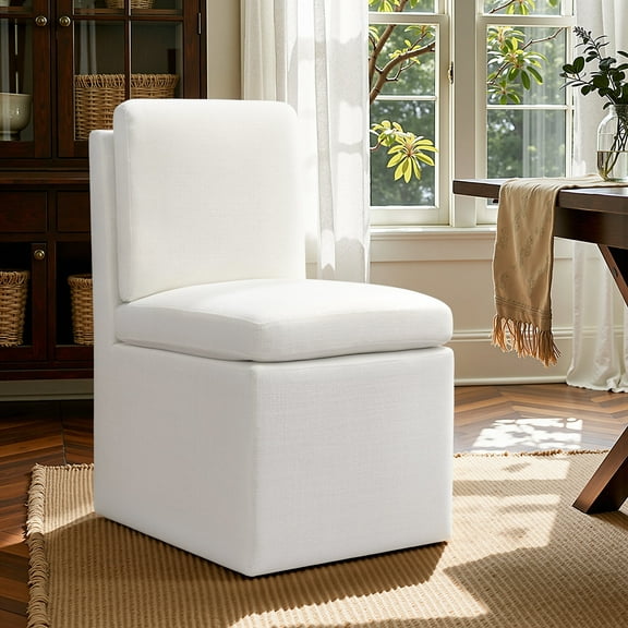 DyFun Upholstered Linen Dining Chair with Wheels, No Assembly Required, Modern Armless Accent Chair for Dining Room or Kitchen (White ,Style B)