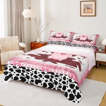 jejeloiu Pink Kawaii Pig Queen Sheet Sets,Milk Cow Pattern Flat Sheet,Cute Polka Dots Bowtie Queen Fitted Sheet For Girls Boys,Microfiber Bedroom Decor,4pcs