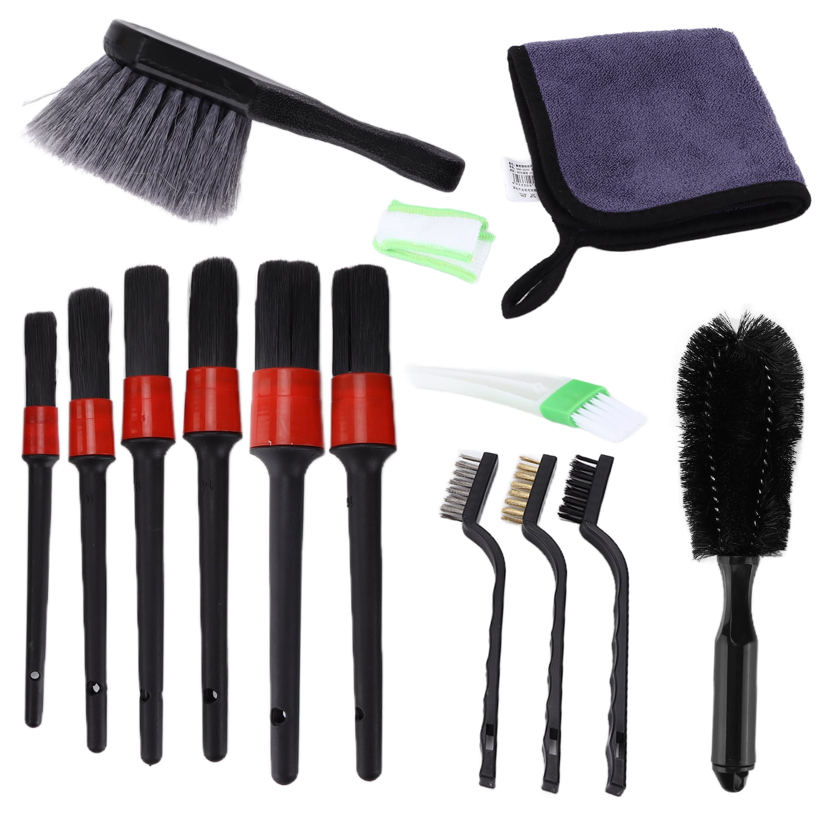 Rupoun 14pcs Car Detailing Brush Kit with Microfiber Cloths and Wire Brushes for Cleaning Wheel, Interior, Dashboard, and Engine Components - 10.63 inches / 27 cm Length Pack