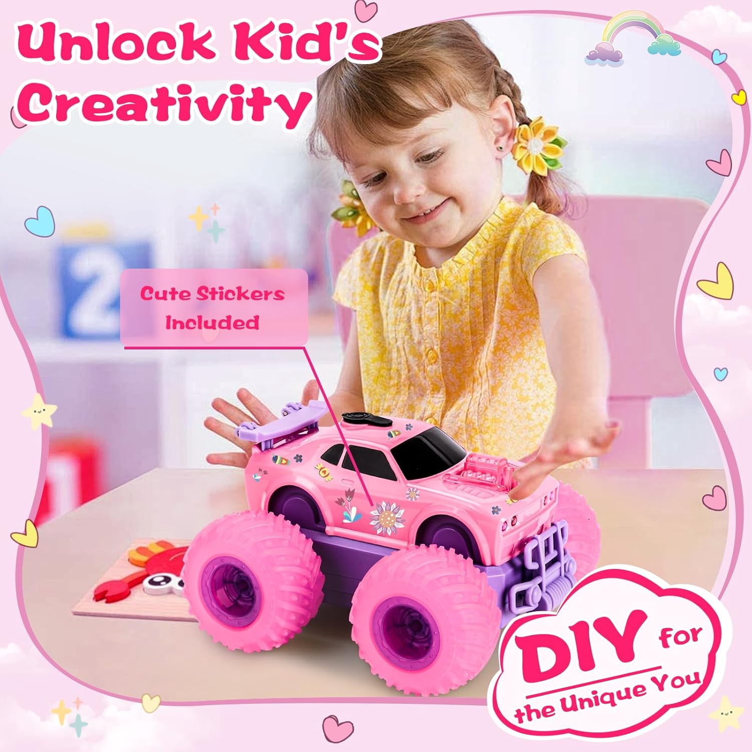 Drefirsa Princess Remote Control Car, Pink Monster Truck with Flashing Light, Spray, Stunt and DIY Sticker