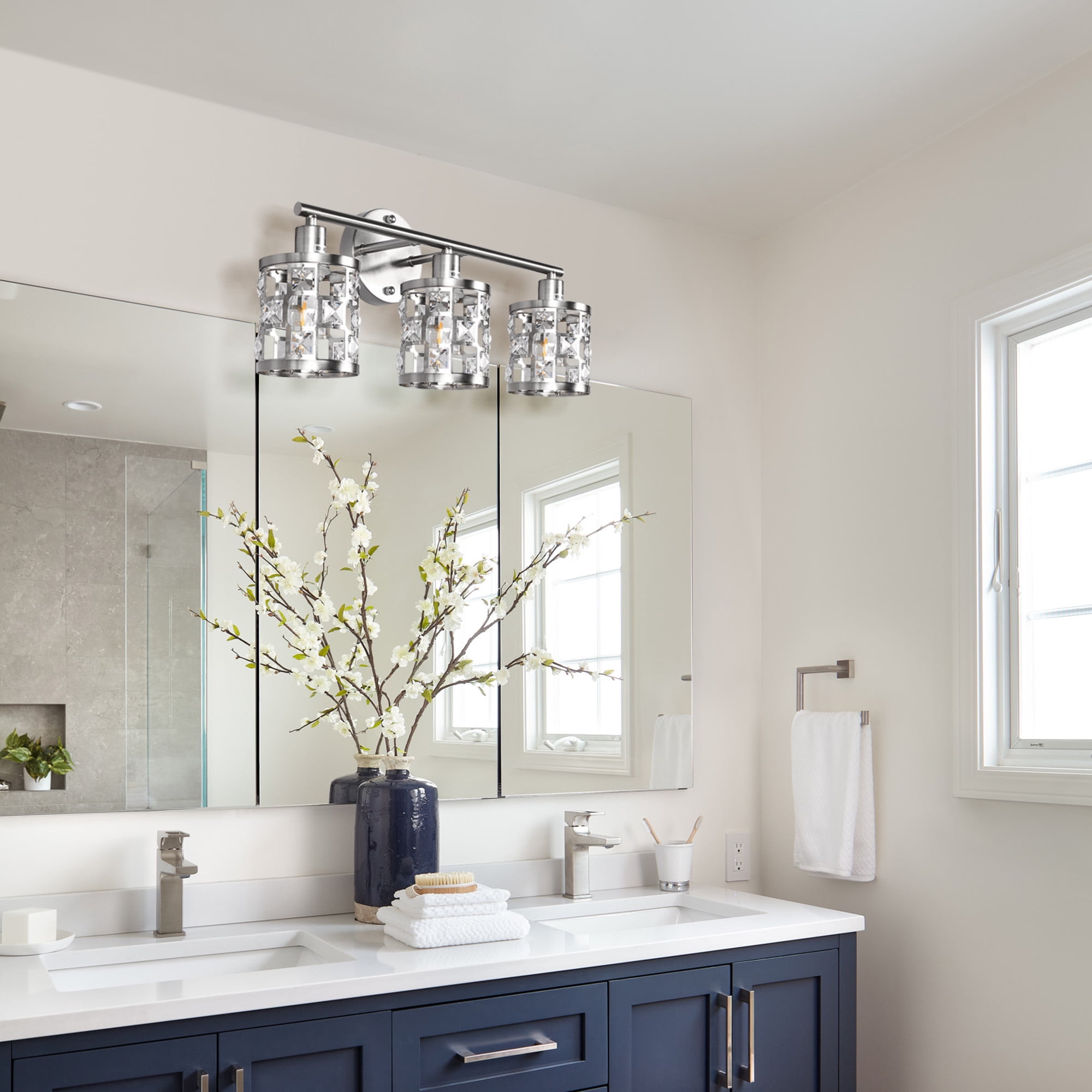 YANSUN 19.9" 3-Light Brushed Nickel Crystal Vanity Mirror Light, E12 Candelabra Base for Bathroom, Bedroom, Hallway (Bulbs Not Included)