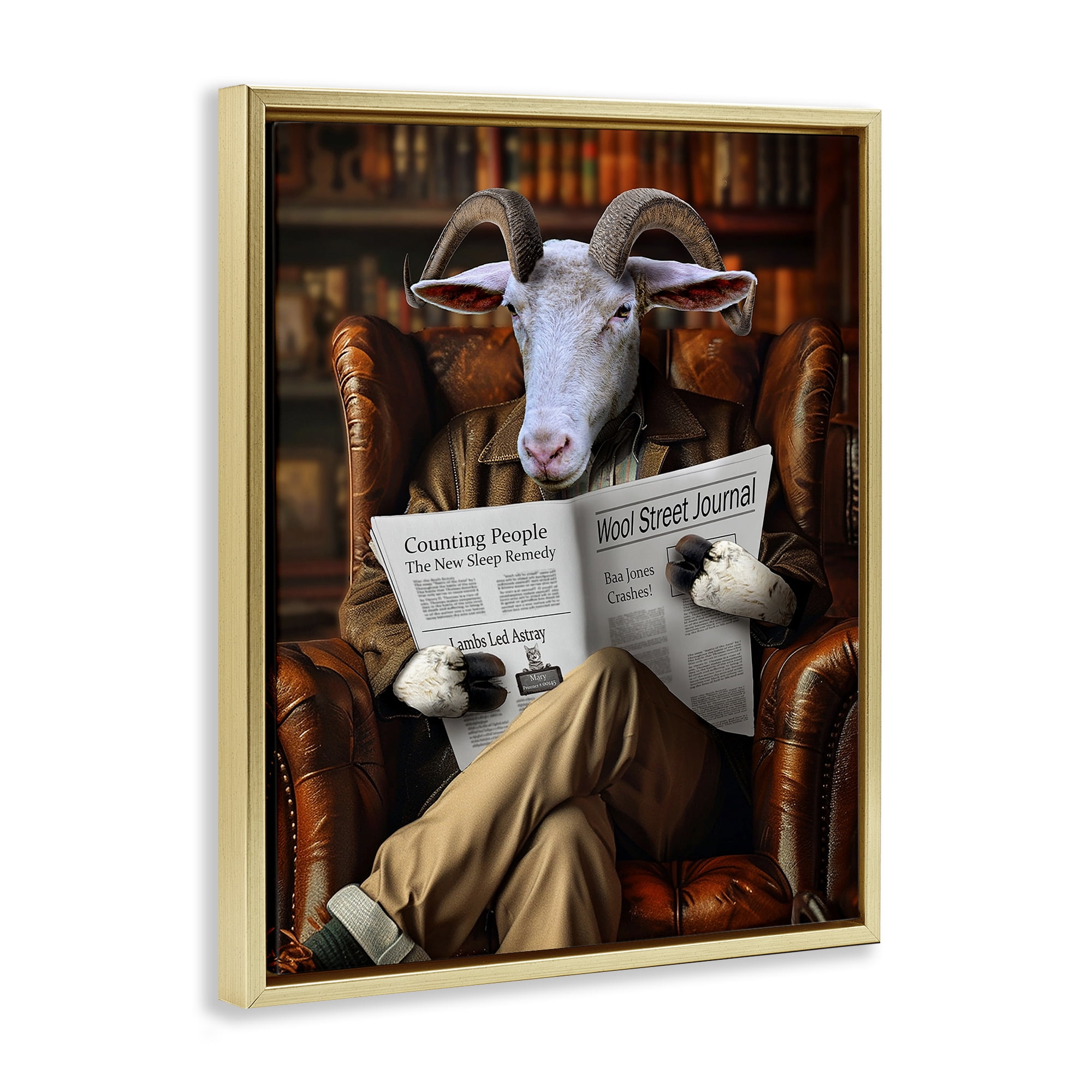 Stupell Industries Goat in Vintage Library Animals & Insects Painting Gold Floater Framed Canvas Art Print Wall Art, 17 x 21