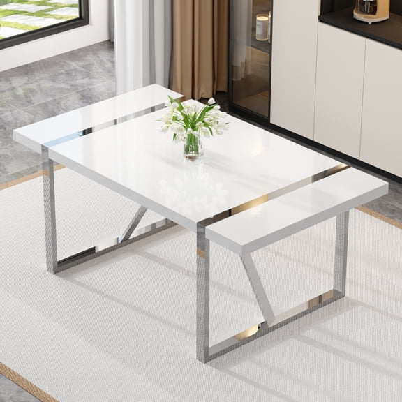 Modern Dining Room Set,71" White Dining Table Sets For 6,1 Table