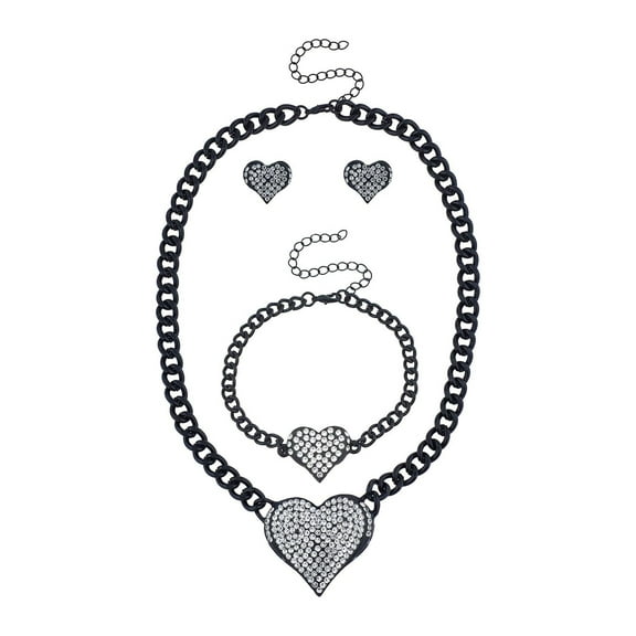 Lux Accessories Black Huge Chain Heart Pendant Crystal Rhinestone Jewelry Set