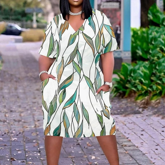 Yotami Casual Plus Size Dress for Women Short Sleeve Floral Print Midi Dress with Pocket Summer V-Neck Sundress for Vacation