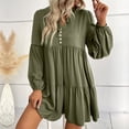 thumbnail image 4 of IROINNID Long Sleeve Dress for Women Notched Neck Button Solid Color Lantern Sleeve Ruffle A Line Dress Sales,Olive Green, 4 of 7