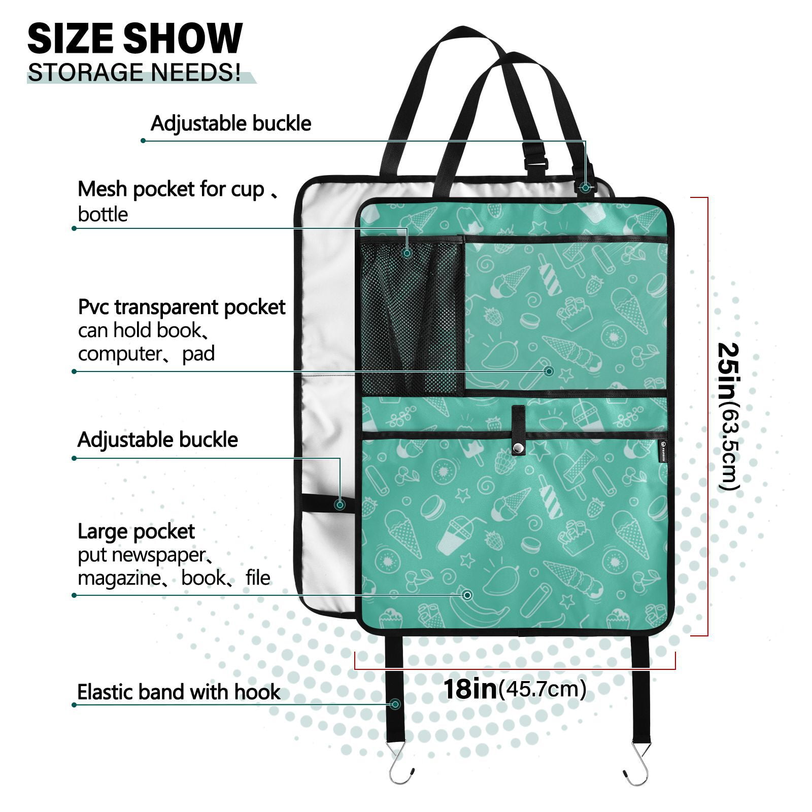 Sweet summer treats pattern Back Seat Cover + Pocket Storage Organizer, 179 Pack Multifunctional Kick Mats Backseat Protector