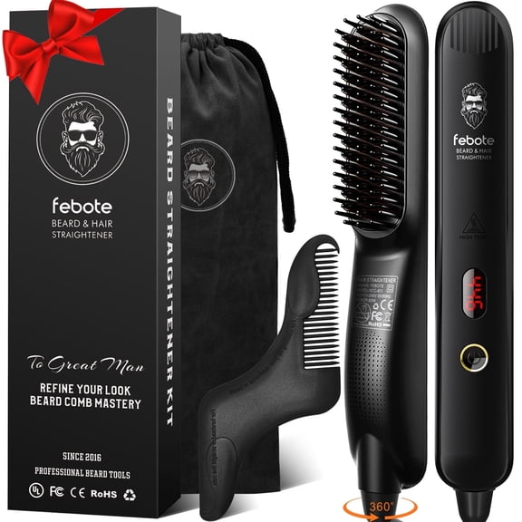FEBOTE Beard Straightener for Men, Heated Ceramic Beard Brush with 5 Temperature Settings, Anti-Scald Design, Beard Shaper and Travel Bag