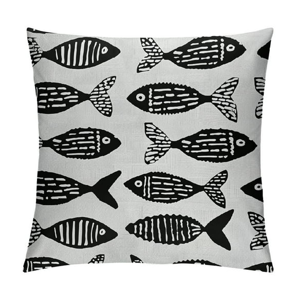 Creowell Fish Throw Pillow Cushion Cover, Minimalist Fish with Pared Down Dots and Stripped Lines Sea Animal Image, Decorative Square Accent Pillow Case,Black White