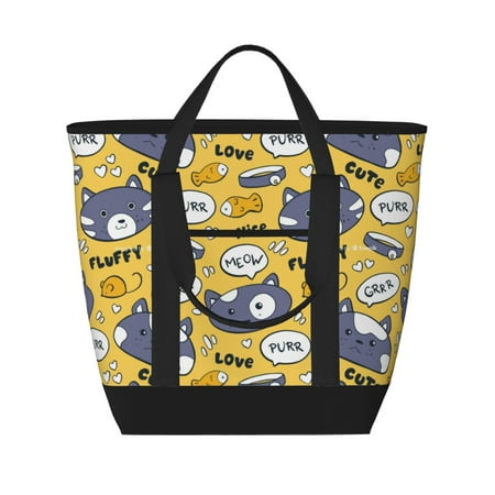 Insulated Cooler Bag - Cute Cat Face Collar Fish Large Freezer Cooler Tote Bags Insulated for Food  Insulated Grocery Shopping Bags with Zipper Top for Travel Picnic Beach