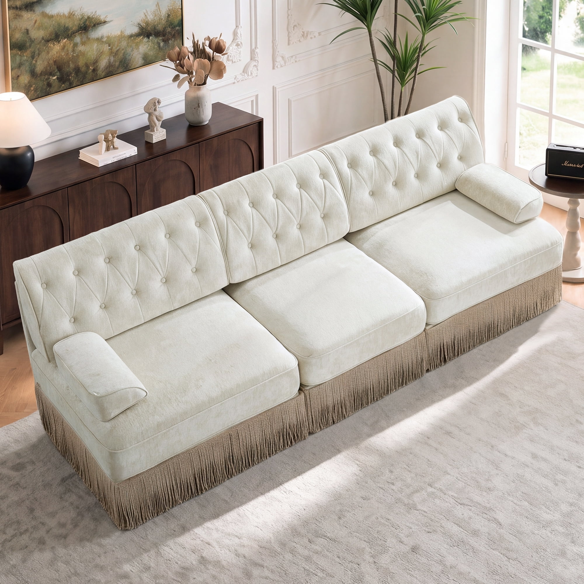 106" Velvet Fabric 3-Seater Sofa with Tassel Fringe Skirt and Button Tufted Design, Easy to Assemble