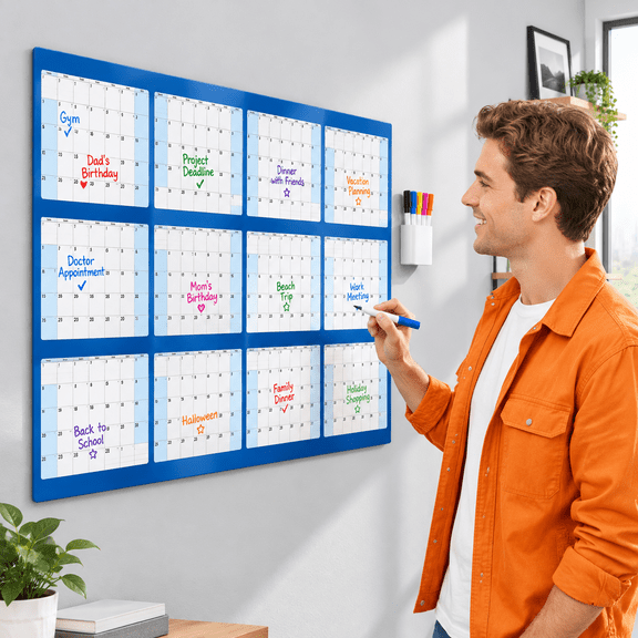Wall Calendar Erasable, 31.5" x 47.24" 2026-2027 Large Wet & Dry Erase Laminated 12 Month, Reversible Yearly Annual Wall Planner, Horizontal/Vertical, Blue