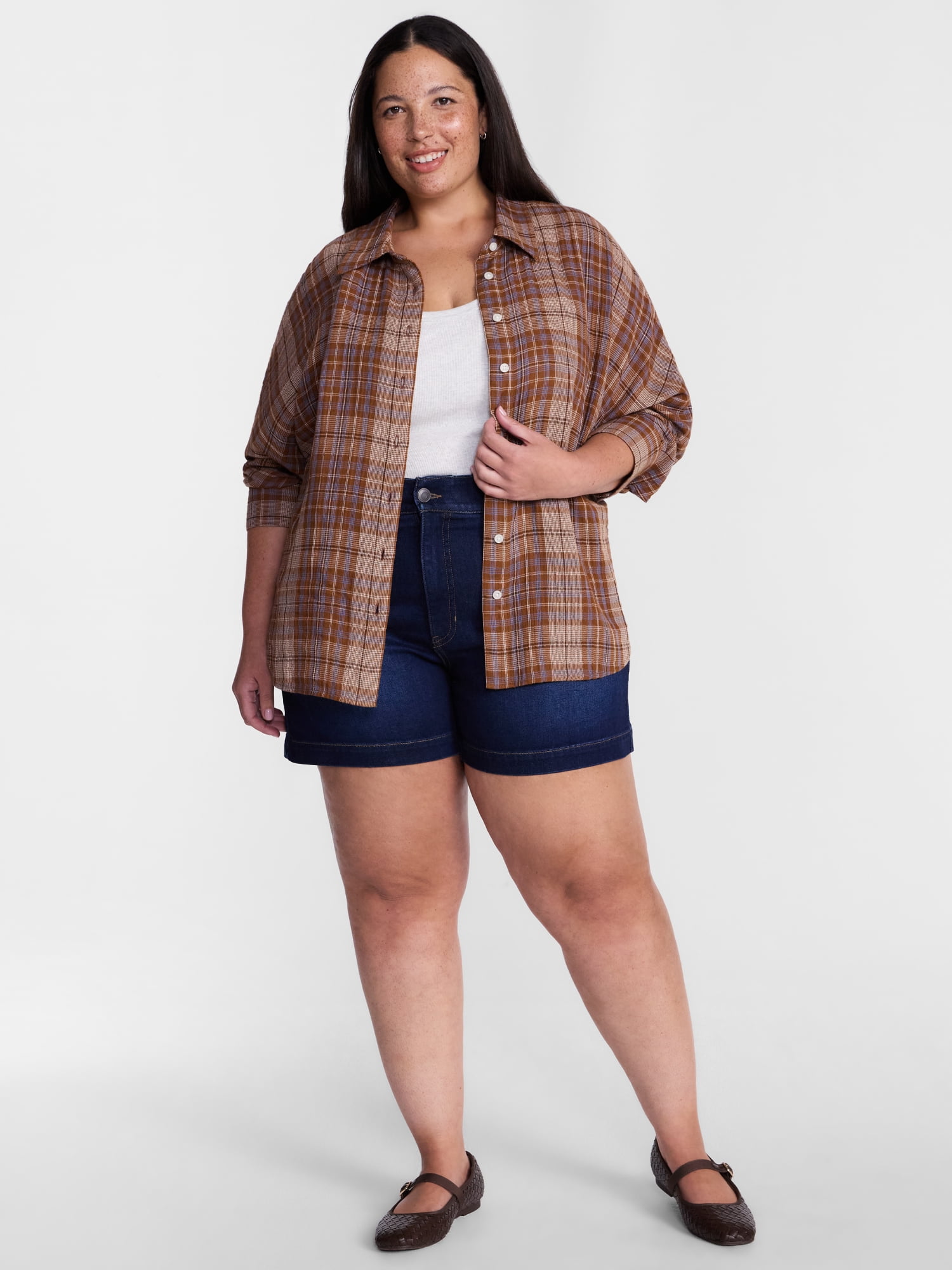 Terra & Sky Women's Plus Button Front Woven Shirt with Long Sleeves, Sizes 0X- 5X