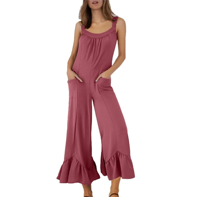 Sleeveless Romper Dress for Women Women's Casual Loose Overalls Jumpsuits Sleeveless Ruffle Wide Leg Flare Pant Rompers with Pockets Summer Rompers M