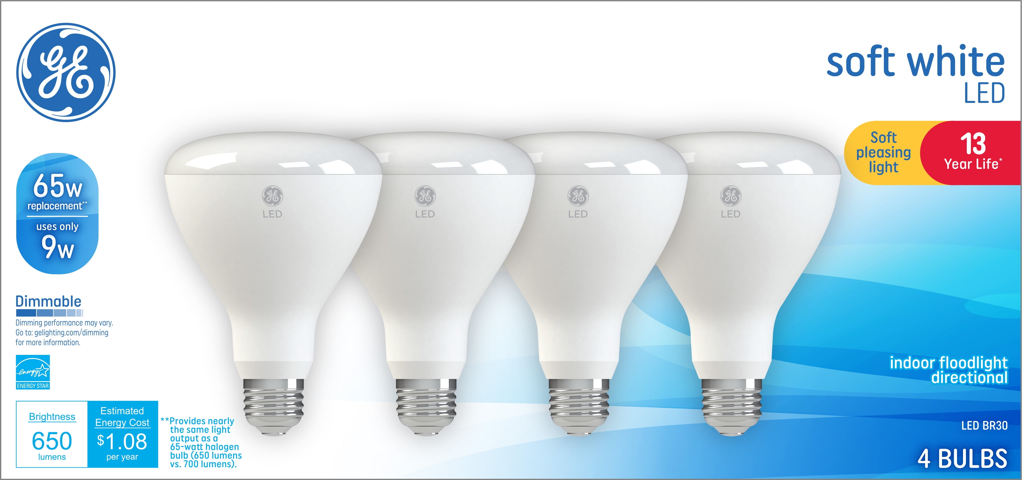 GE LED Floodlight Bulbs, 65 Watt Eqv, Soft White, BR30 Indoor Light Bulbs, 13 year, 4pk