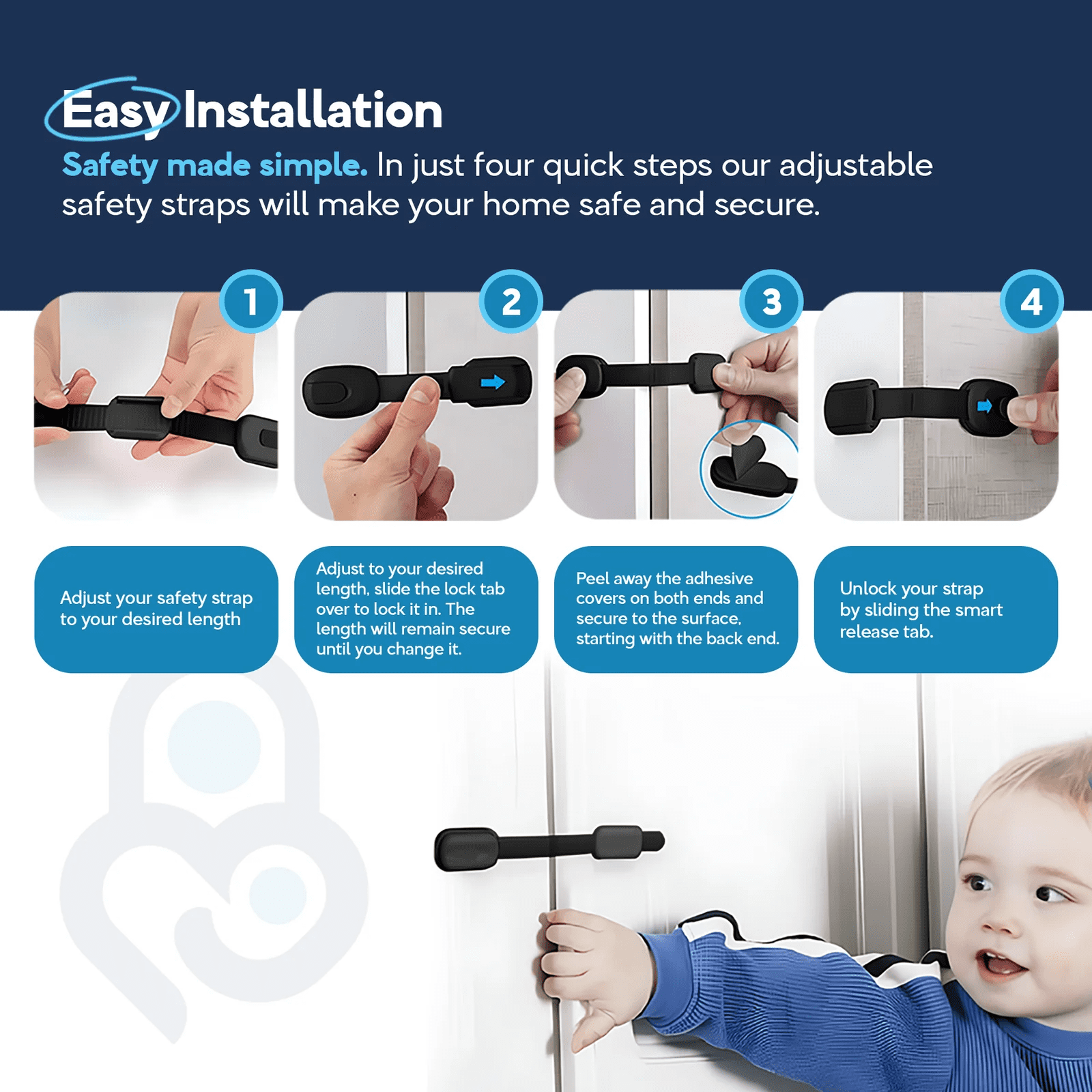 Baby Proof Me Child Safety Locks, Adjustable Cabinet Locks for Baby Proofing, Black, 12-Pack