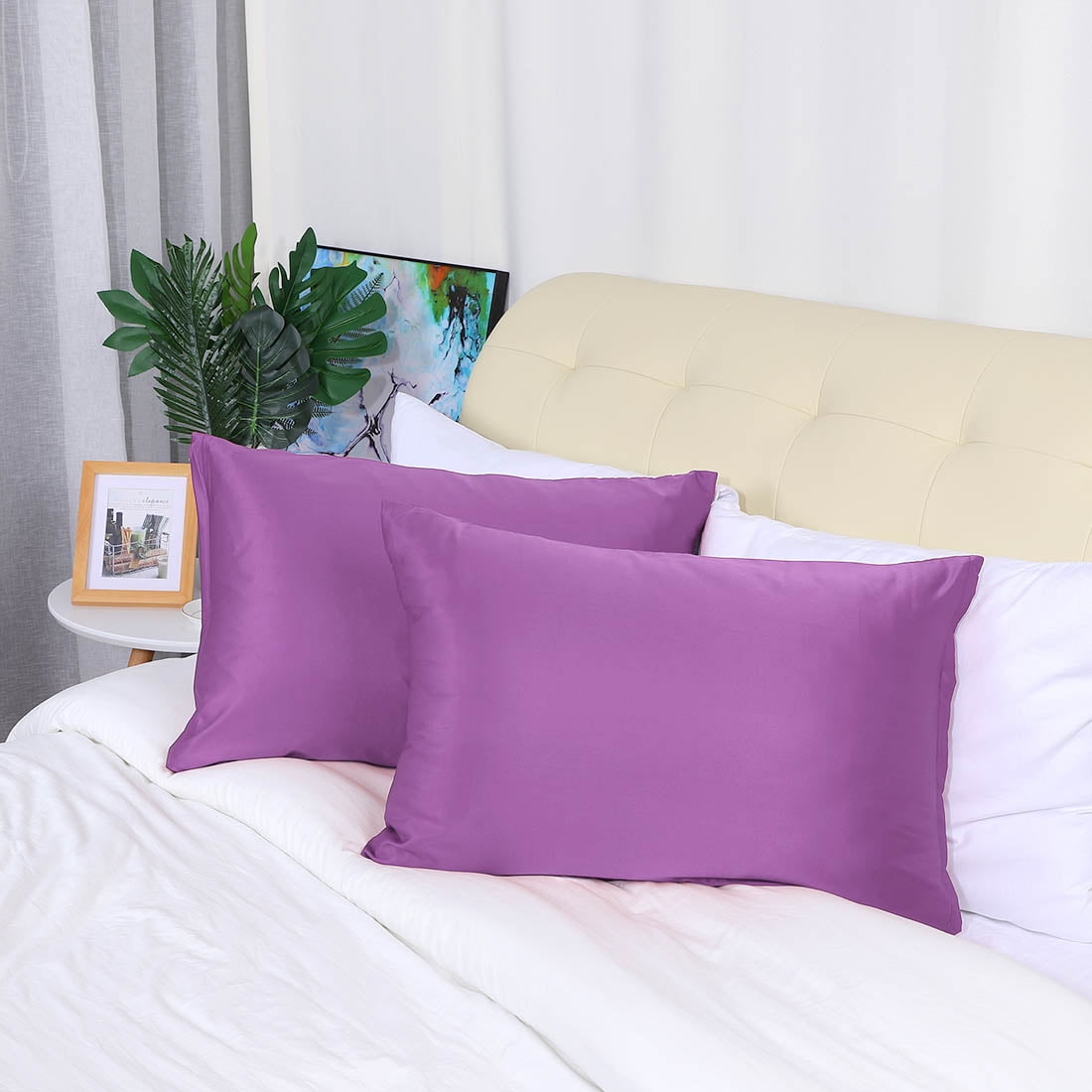 Unique Bargains Set of 4 Silky Satin Pillowcases Pillow Cover Purple Standard