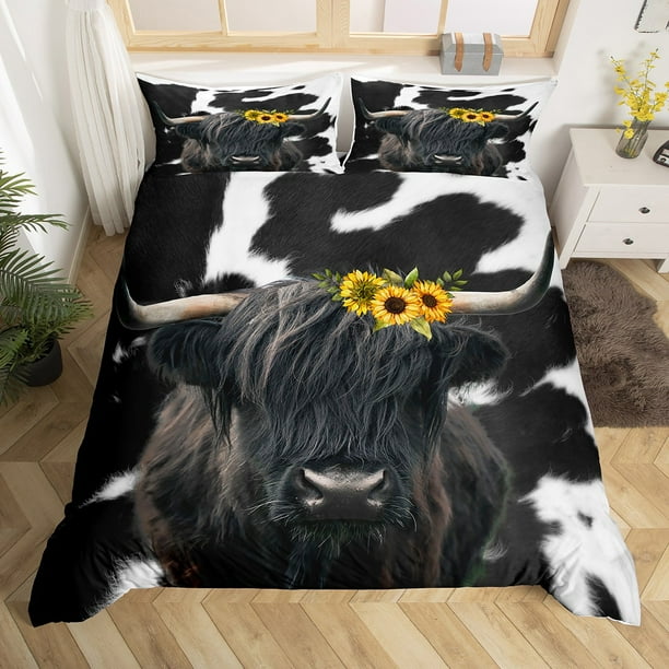 Cowhide Queen Duvet Cover Black Highland Cow Bedding Set With