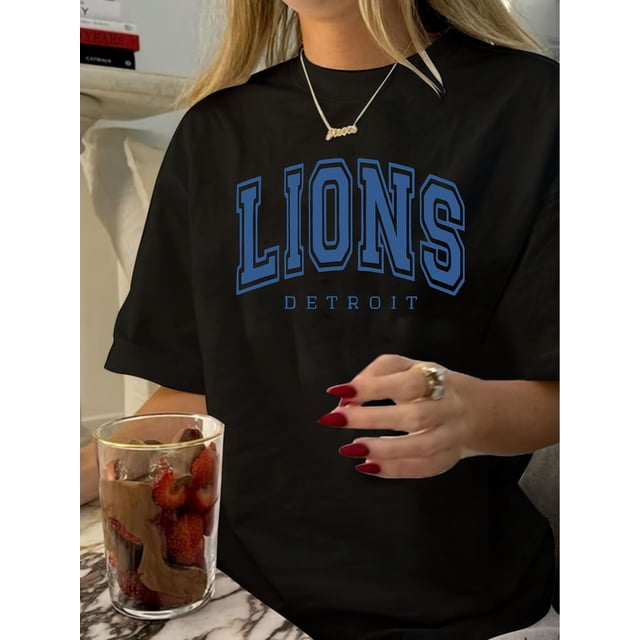 Women's Vintage Round Neck Graphic Tee - Casual Short Sleeve Polyester T-Shirt with "LIONS DETROIT" Print, Black, Machine Washable, Summer Essential for Fans & Supporters, Tee Shirts