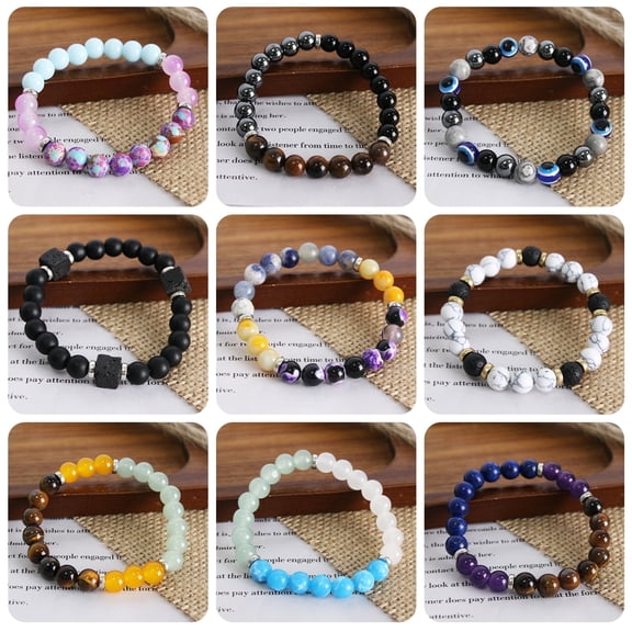 9 Pcs Beaded Bracelets for Women and Men,8MM Round Crystal Gemstone Beaded Bracelet,Stretch Bracelets for Women and Men