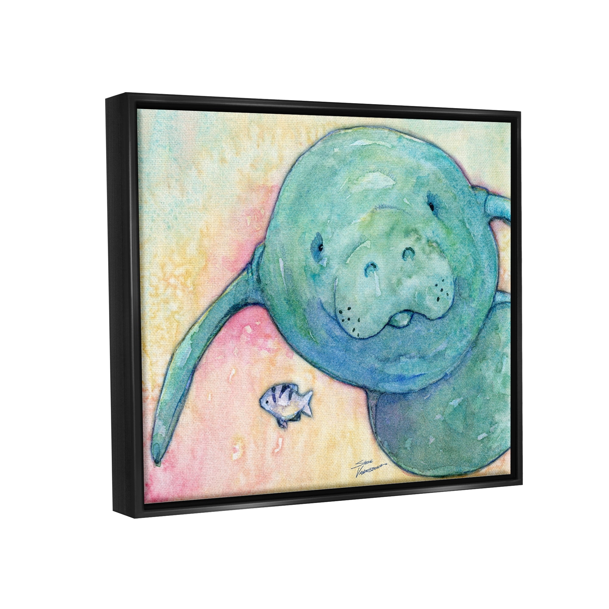 Stupell Industries Smiling Manatee Aquatic Wildlife Fish Rainbow Pattern Painting Jet Black Floating Framed Canvas Print Wall Art, Design by Steve Vanderbosh