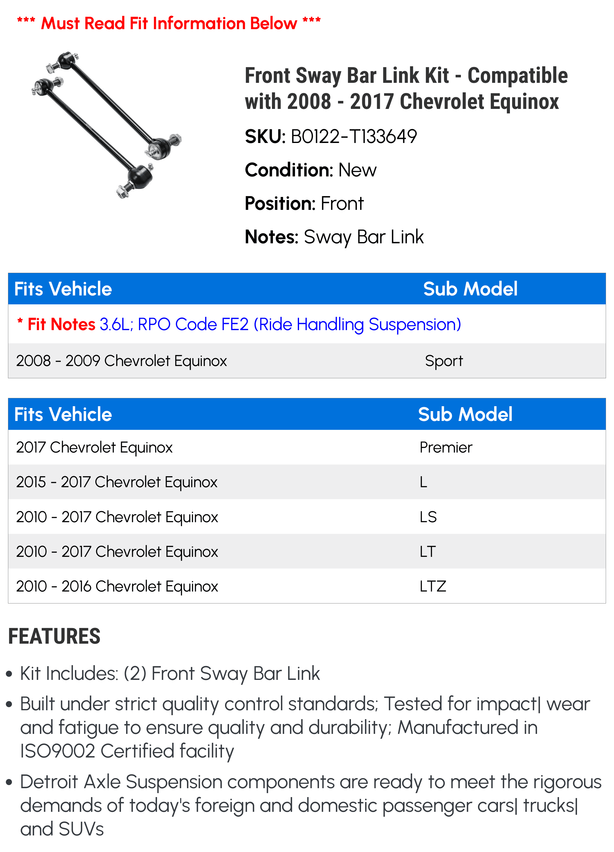 Front Sway Bar Link Kit - Compatible with 2008 - 2017 Chevy Equinox 2009 2010 2011 2012 2013 2014 2015 2016