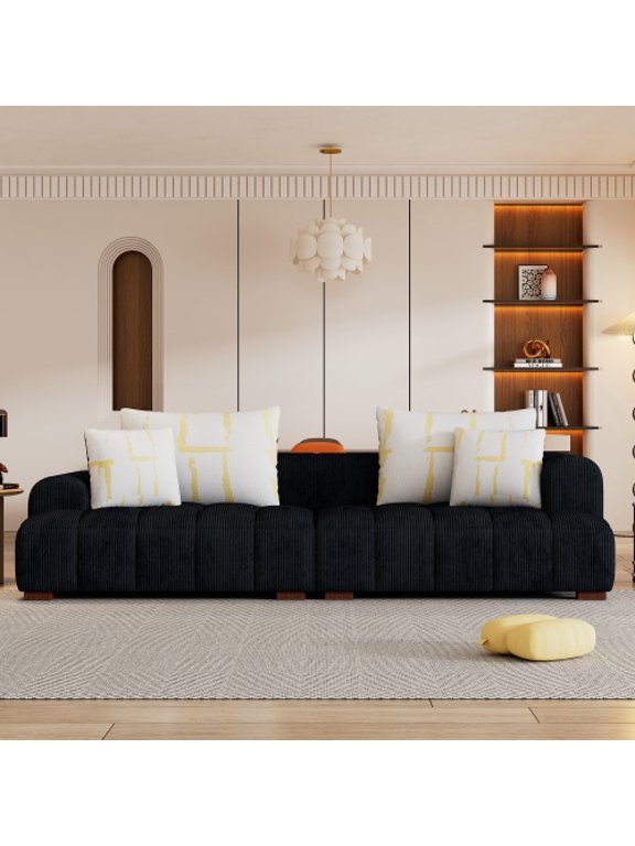 103.9" Modern Couch Corduroy Fabric Comfy Sofa with Rubber Wood Legs, 4 Pillows for Living Room, Bedroom, Office, Black